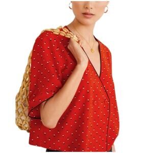 MNG MANGO RED POLKA DOT BUTTON FRONT V NECK RELAX FIT BLOUSE 4